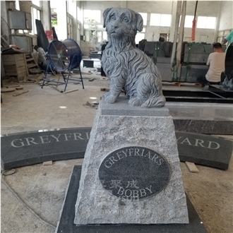 Dark Grey Granite Pet Dog Statue Headstone