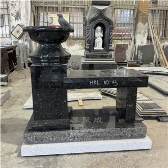 Emearld Pearl Granite Bird Bath Monument With Memorial Bench