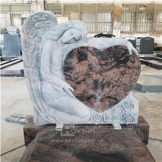 Indian Aurora Granite Angel Holding Heart Tombstone