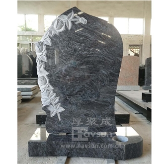 Vizag Blue Granite Carved Rose Flower Headstone