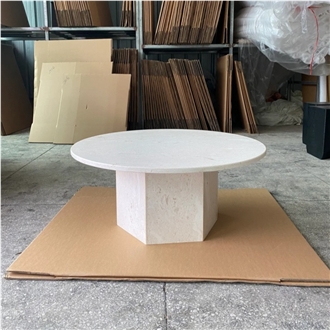 Round White Beige Stone Travertine Coffee Table