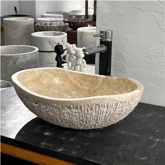 Travertine  Rectangle Bathroom Vessel Pedestal  Wash Basin