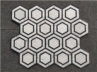 Hexagon  Backsplash Marble Mosaic Tiles With Nero Strips
