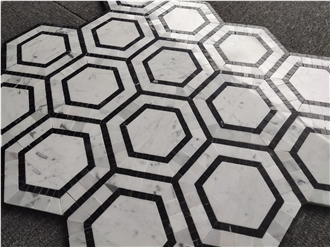 Hexagon  Backsplash Marble Mosaic Tiles With Nero Strips