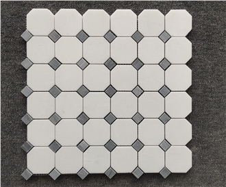 Greece Thassos White Octagon Mosaic Tiles With Grey Dots