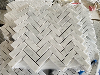 Carrara White Marble  Brass Herringbone Mosaic Tiles