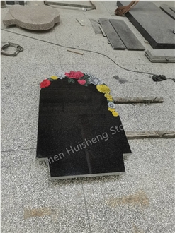 Black Granite Engraved Headstone With Flower