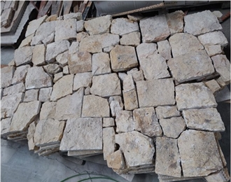 Beige Limestone Meshed Stone Wall,Natural Facade Stone