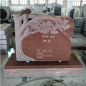 Red , Black And Blue Color Granite Birds On Tree Headstone
