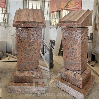 Red Granite Slant Book Carved Tree Branch Pedestal Monument