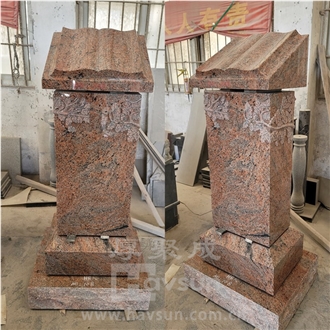 Red Granite Slant Book Carved Tree Branch Pedestal Monument