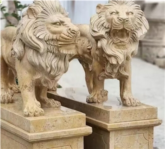 Custom Made Limestone Animal Lions Sculptures For Garden