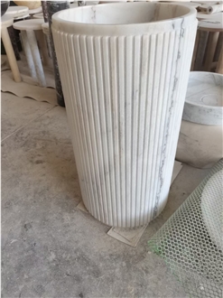 Freestanding White Marble Hand Wash Pedestal Basin Chiseled