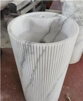 White Marble Hand Wash Pedestal Basin Chiseled Bathroom