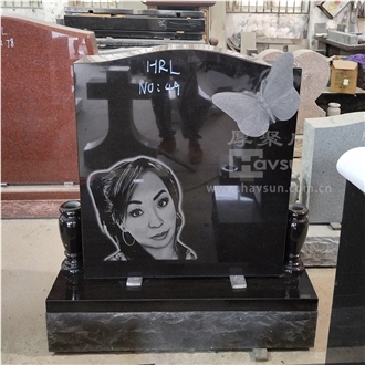 Carved Butterfly Headstone With Laser Etched Image