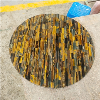 Custom Round Gemstone Tiger Eye Semiprecious Stone Cafe Table Tops