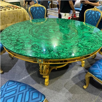 Round Green Luxury Malachite Semiprecious Stone Dining Table For Villa