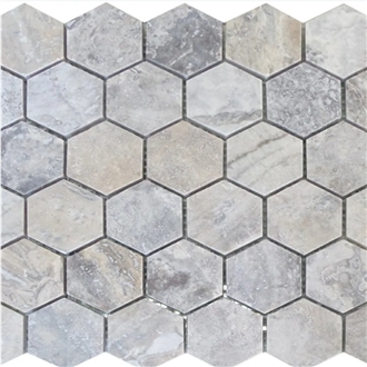 Silver Travertine TF-S-HX44 Hexagon Mosaic Tiles
