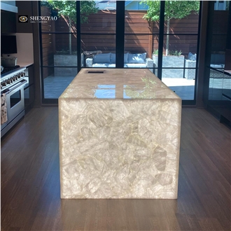 Backlit White Crystal Clear Quartz Kitchen Island Tops