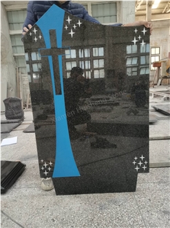 Black Granite Cross Headstone With Star Carving