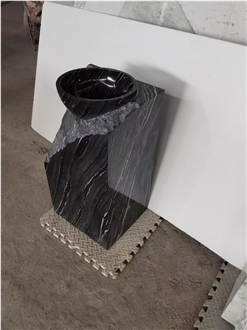 Round Black Marble Carved Pedestal Wash Basins