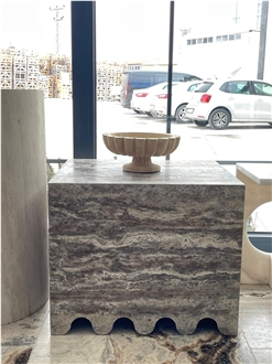 Afyon Silver Travertine Minimalist Cube Coffee Table