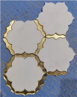 Thassos Marble Water-Jet Inlay With Bronze Mosaic Pattern
