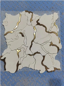 Water-Jet Inlay Calacatta Marble With Brass Mosaic Pattern