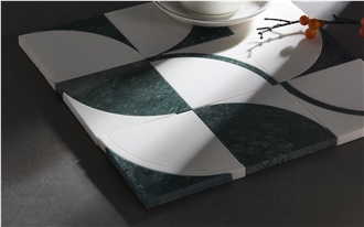 White Marble Inlaid With Green Water Jet Mosaic Tiles