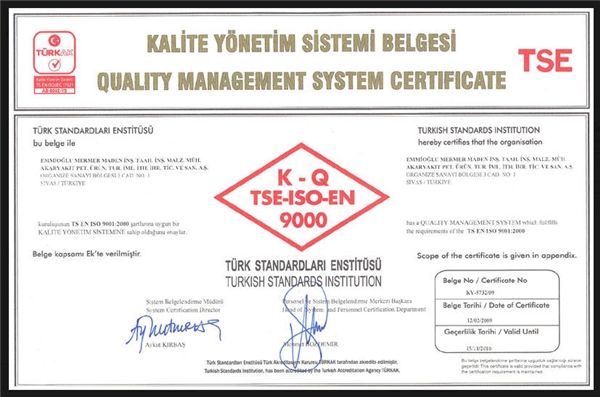 ISO 9000 Quality Management System Certificate