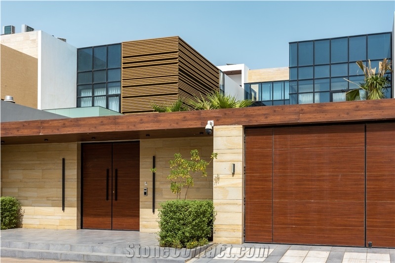 Gold Oak Limestone Wall Application - Villa in Al-Riyadh Saudi Arabia