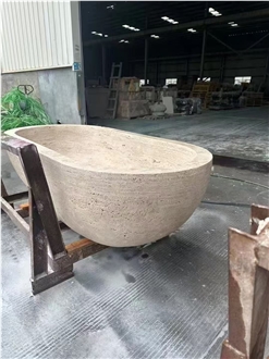 Carved Stocking Travertine Freestanding Bathtub For Resorts