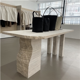 Truncated Shape White Travertine Commercial Table