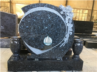Blue Pearl Granite Upright Headstone Carved Flowers