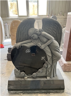 Absolute Black Jet Black Granite Angel With Heart Shape Monuments