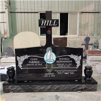 Jet Black Granite Cross Tombstone Sandblasting Names