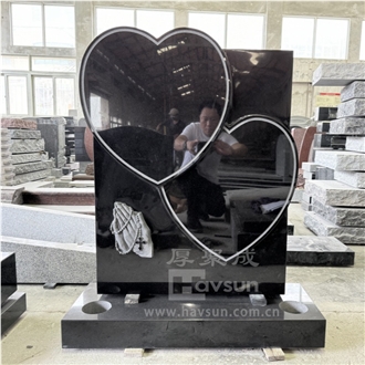Black Granite Double Heart Headstone With  Parying Hand
