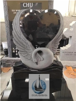 Black Granite Swan With Heart Shaped Headstone