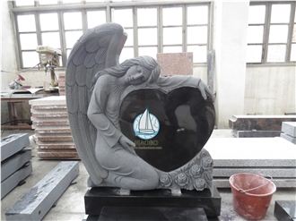 Grey Granite Angel Engraved With Black Granite Hearth Shape Gravestone