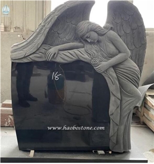 Jet Black Granite Leaning Angel Headstone