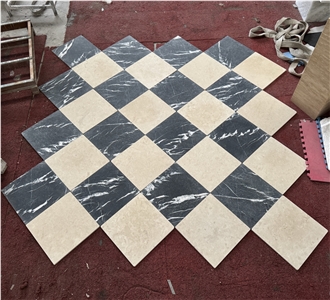 Black Marquina Marble Tumbled Checkered Pattern Floor Tiles