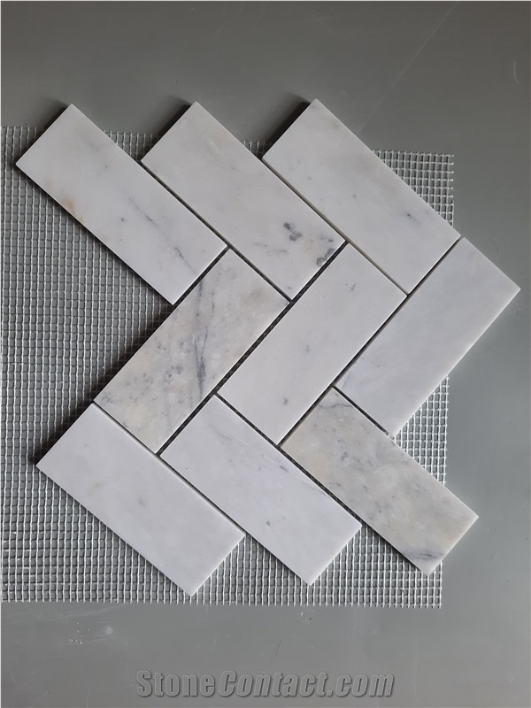 Milky White Marble Herringbone Mosaic Tiles