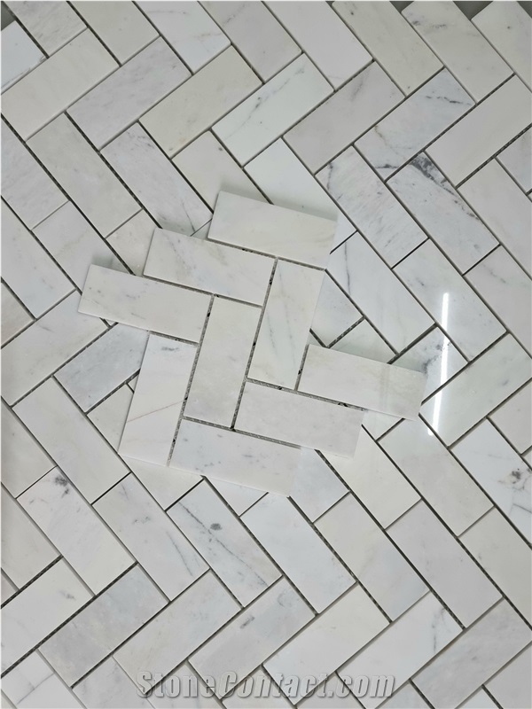 Milky White Marble Herringbone Mosaic Tiles