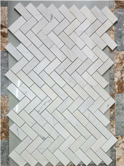 Milky White Marble Herringbone Mosaic Tiles