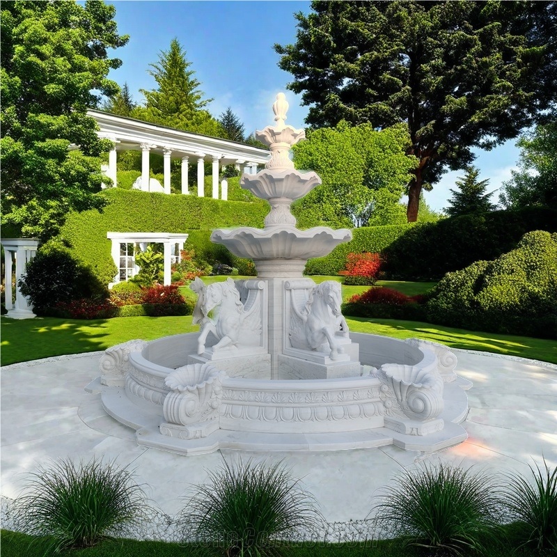 4 Horses White Marble Carving Water Fountain