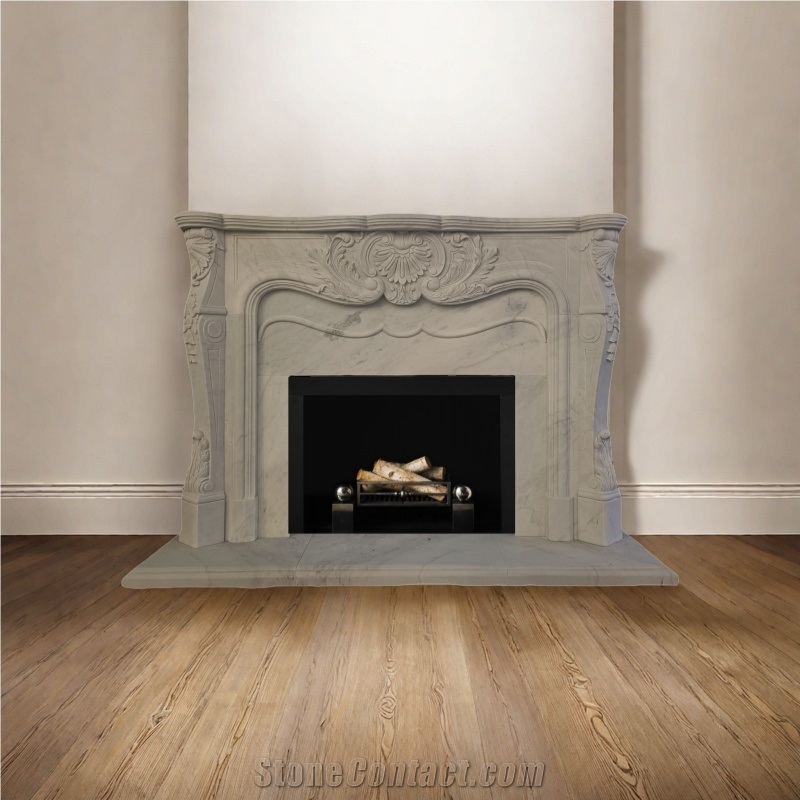 Classic White Marble Indoor Fireplace Custom Made