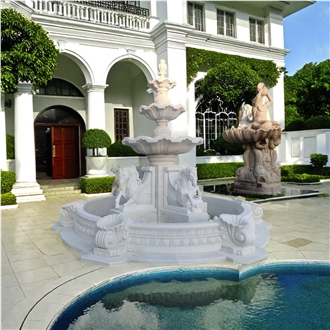 Custom Made White Marble 4 Pegasus Carving  Water Fountain