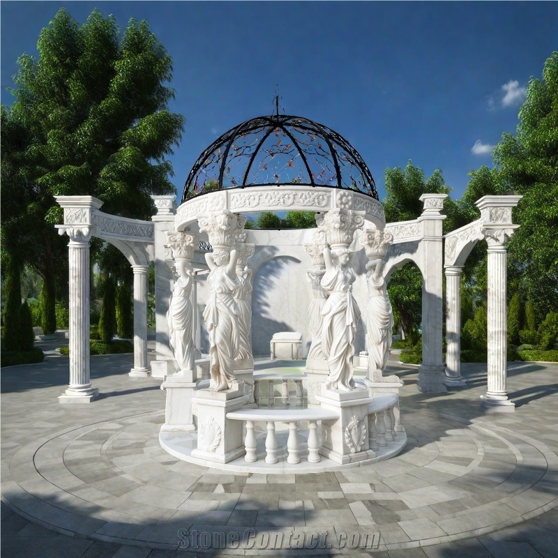Fairy Carved Pillars White Marble  Steel Custom Dome Gazebo