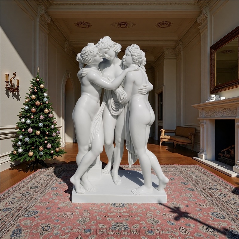 Three Graces Sculpture In White Marble