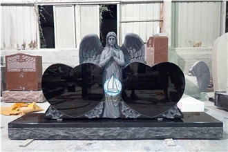 Double Angel Holding Heart Monument Jet Black Granite